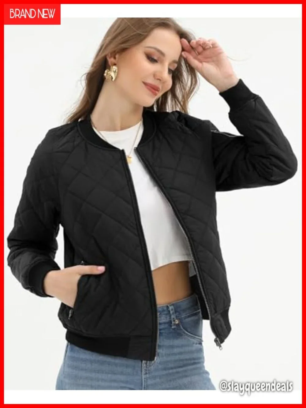 Quilted Bomber Jacket with 5 Pockets, Lightweight Puffer for Fall Spring Winter